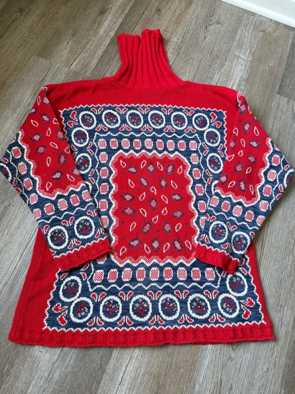 VTG Delia McKain Western Oversize Sweater Bandana Pattern Turtleneck Red Size S